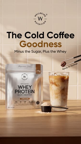 An ad by Wellbeing Nutrition for their 100% Native Whey Protein, which helps you enjoy your cold coffee without the suga