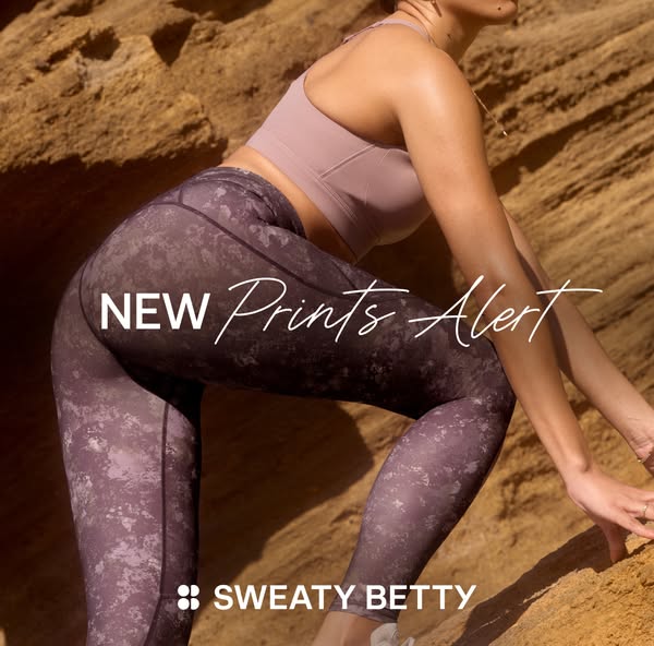 This ad for Sweaty Betty showcases new print options for the brand's leggings. It features an outdoor shot of a mode