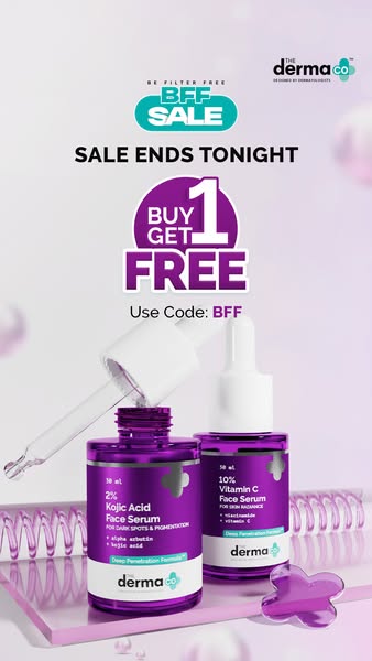 A promotional ad by The Derma Co showcasing their 2% Kojic Acid Face Serum and 10% Vitamin C Face Serum. The ad promotes
