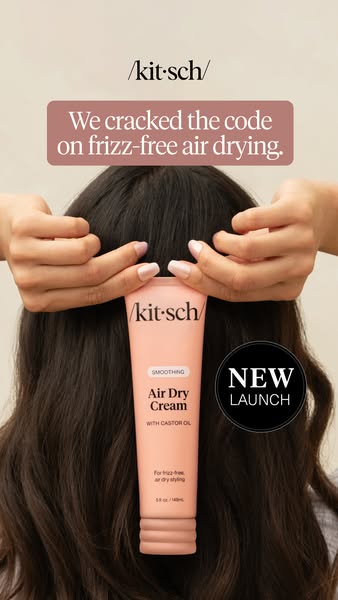 This image promotes Kitsch's smoothing air dry cream, emphasizing frizz-free styling with castor oil.