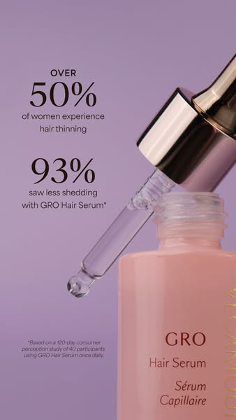 Ad for GRO Hair Serum. The ad presents the problems of thinning hair that women experience, and suggests the viewer use 