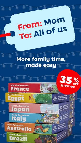 This ad for Little Passports features a stack of their World Adventures subscription boxes, presented as a gift 'Fro