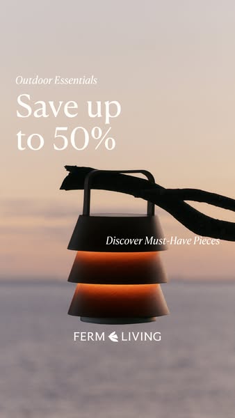 This ad for Ferm Living promotes the brand's outdoor essentials, with a focus on a portable lamp. It highlights a sa