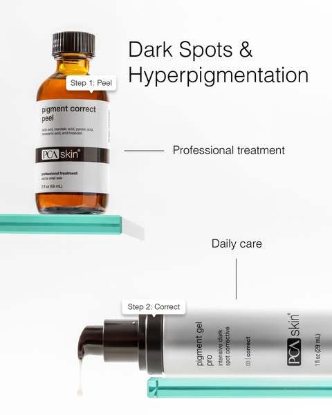 This ad showcases two PCA Skin products designed to combat dark spots and hyperpigmentation. It highlights a two-step pr