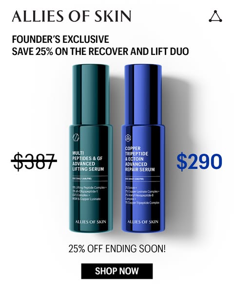 This ad for Allies of Skin features their Recover and Lift Duo. It advertises a limited-time offer, noting that the cons