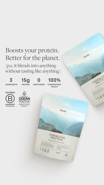 Ad for Form Pureblend protein powder emphasizing its protein boost, environmental benefits, and tasteless mixing propert