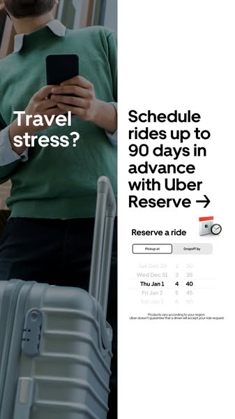 This ad promotes Uber Reserve, highlighting the ability to schedule rides up to 90 days in advance to alleviate travel s