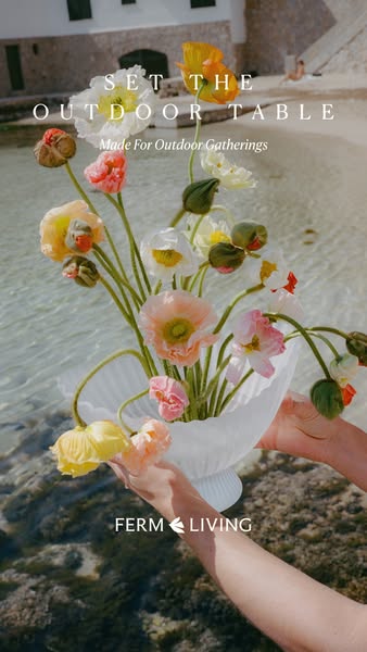 This ad for Ferm Living features a lifestyle image promoting outdoor gatherings, showcasing a white bowl filled with col