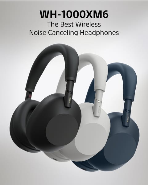 A product showcase for the Sony WH-1000XM6 wireless noise canceling headphones. The ad features three headphones in diff