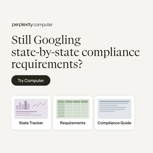 This ad promotes Perplexity Computer as a solution for researching state-by-state compliance requirements, contrasting i