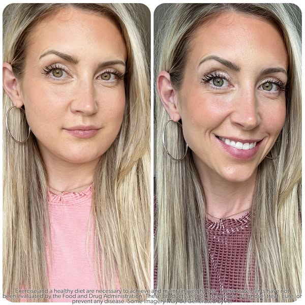 This ad shows a before and after of a woman's face, with the after showing her face with makeup on.