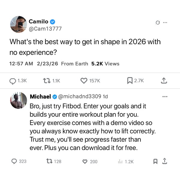 The ad is a screenshot of a social media post about the Fitbod app.