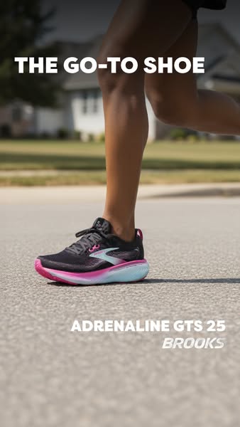 An image ad for Brooks running shoes shows a person running on the road in the Adrenaline GTS 25.