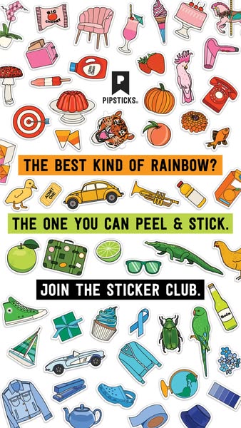 This image ad for Pipsticks uses a variety of colorful stickers to create a fun, inviting visual that promotes the brand