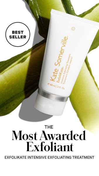 This ad showcases Kate Somerville's ExfoliKate Intensive Exfoliating Treatment. The product is displayed alongside t