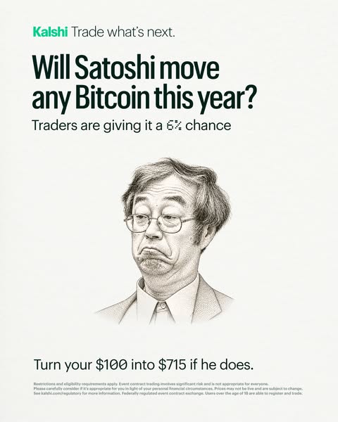 This image ad by Kalshi uses a sketched portrait of Satoshi Nakamoto to entice users to trade on their contract exchange