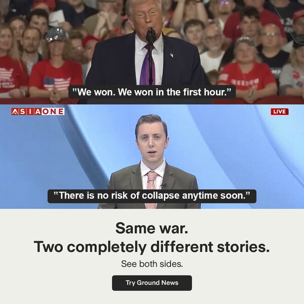 This ad uses a split-screen format to present contrasting statements from two different sources regarding the same topic
