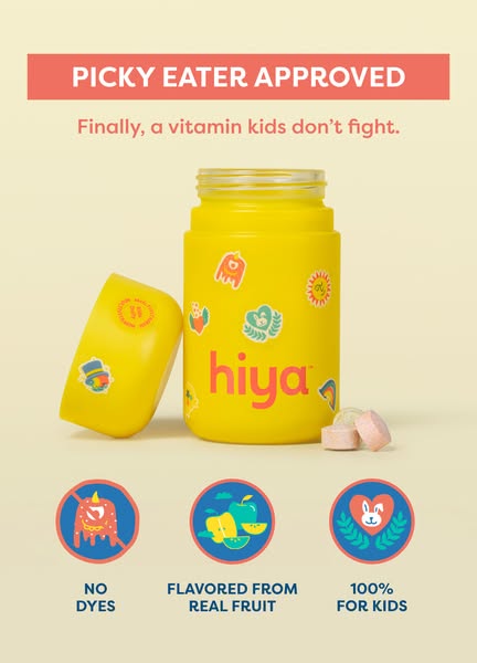 This ad promotes Hiya vitamins for kids, emphasizing their appeal to picky eaters and their formulation without dyes and