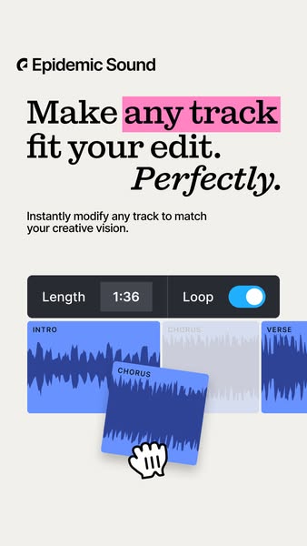 This ad is for Epidemic Sound and showcases how a user can edit music tracks to perfectly fit their edits using Epidemic