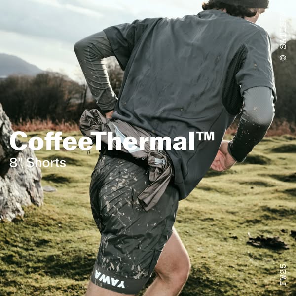 This ad showcases the CoffeeThermal™ 8" Shorts from Saysky. The image features a runner in an outdoor setting, high