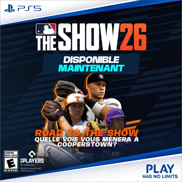 This ad promotes MLB The Show 26 for PS5 and features four baseball players wearing different uniforms, implying the jou