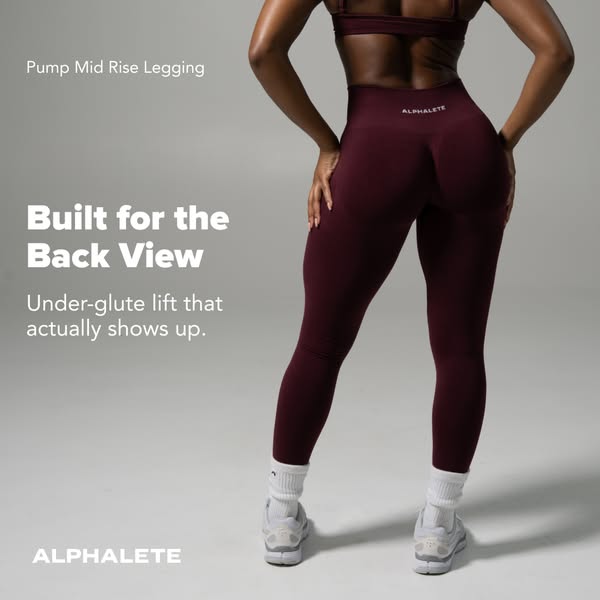 This ad showcases Alphalete's leggings, focusing on their under-glute lift. The image features a woman from behind, 