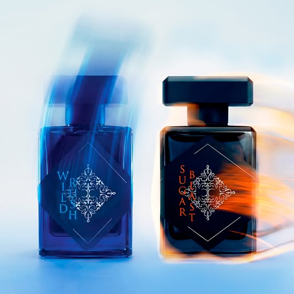 An ad showcasing two fragrances, Wild Oudh and Sugarst, using a stylized product shot.