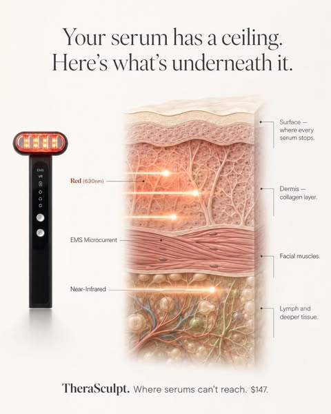 This ad features the TheraSculpt device as an alternative to serums, which can only do so much. The ad uses an illustrat