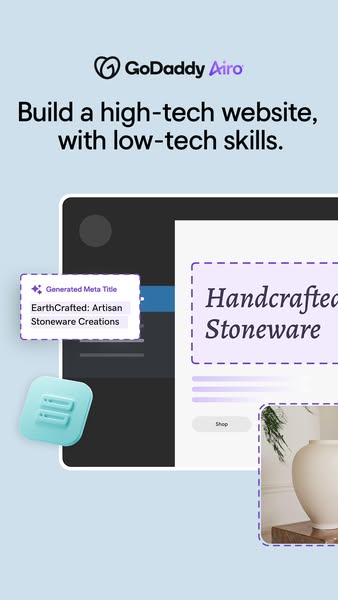 This ad for GoDaddy Airo highlights the ease of building a high-tech website with low-tech skills. It features a website