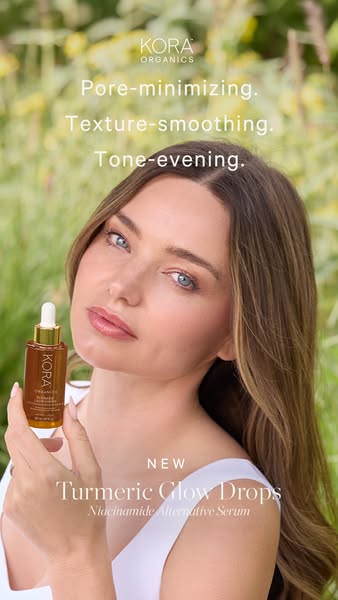 This image ad for Kora Organics features Miranda Kerr and promotes the new Turmeric Glow Drops, highlighting their pore-