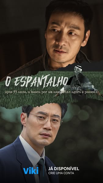 This ad promotes the Viki streaming service and the TV series 'O Espantalho'. It presents a split image with a m