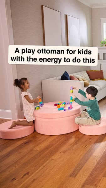 This image ad shows two young children playing on a pink ottoman. The ad conveys that the ottoman provides children with