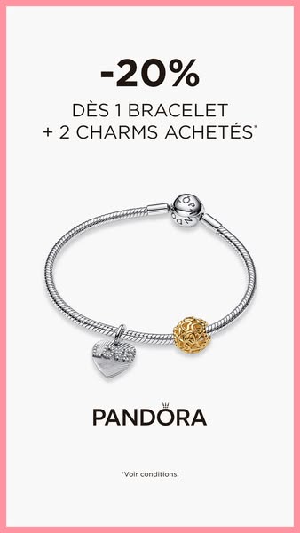 This image ad for Pandora promotes a discount of 20% when you buy one bracelet and two charms.
