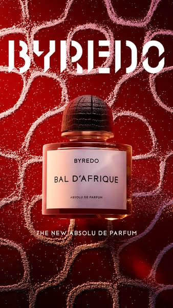An image ad promoting the Byredo Bal D’Afrique Absolu de Parfum. The ad features a close-up shot of the perfume bottle a