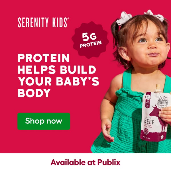 This image ad for Serenity Kids baby food uses a photo of a baby holding a pouch of beef flavored baby food to highlight