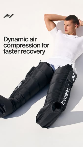 This ad showcases the Normatec dynamic air compression system for faster recovery. It features a man using the product w