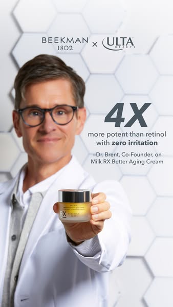 This image ad showcases Beekman 1802's Milk RX Better Aging Cream, emphasizing its potency compared to retinol witho