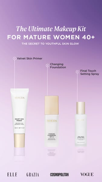 This ad is for Meroda makeup products. It features three products: Velvet Skin Primer, Changing Foundation, and Final To