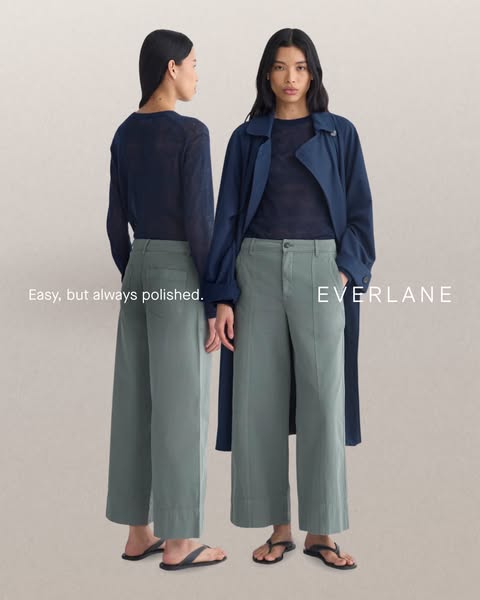 This image ad features two Asian women modeling linen pants. The ad emphasizes the comfort and style of the pants and of