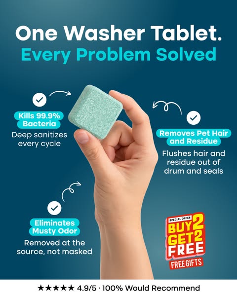 This ad showcases a laundry machine cleaning tablet that claims to solve common washing machine problems, such as bacter