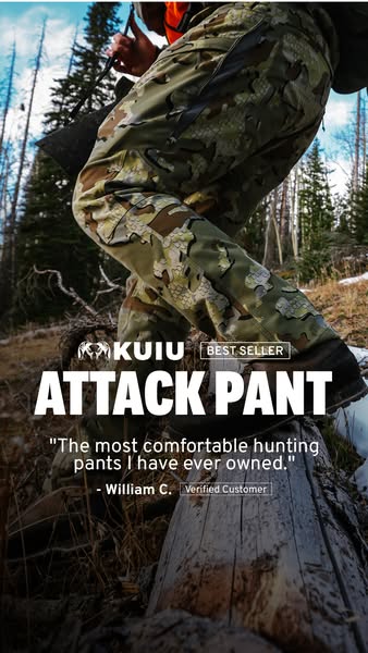This image ad for KUIU Attack Pants features a testimonial from a verified customer, emphasizing the comfort of the pant