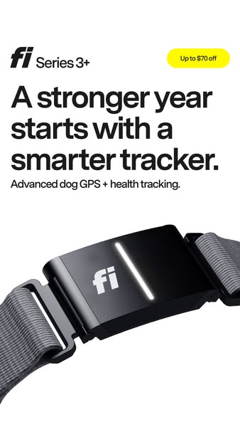 This ad promotes the Fi Series 3+ dog tracker. It highlights the product's ability to provide advanced dog GPS and h