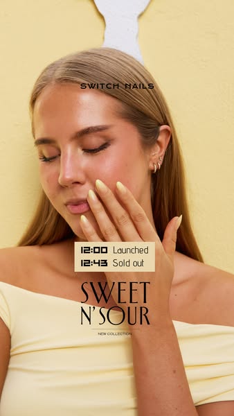 This image ad for Switch Nails features a woman with light-yellow nails. The ad includes the text "12:00 Launched&q