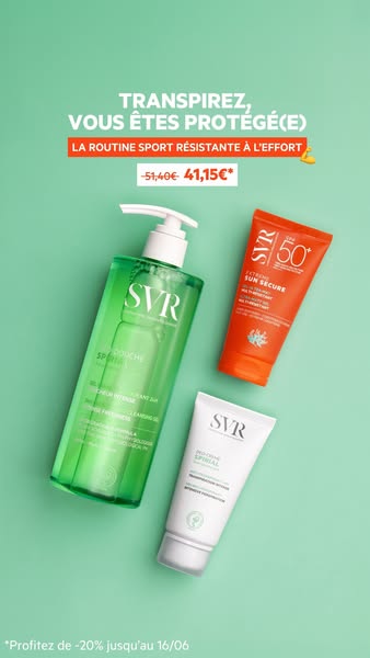 This ad for SVR products features a shower gel, SPF, and cream. The ad highlights a discount offer and promotes the prod