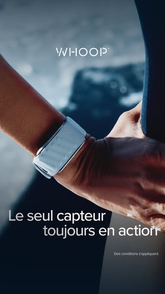 This ad for WHOOP fitness tracking device uses a close up view of the wrist band being worn while copy communicates that