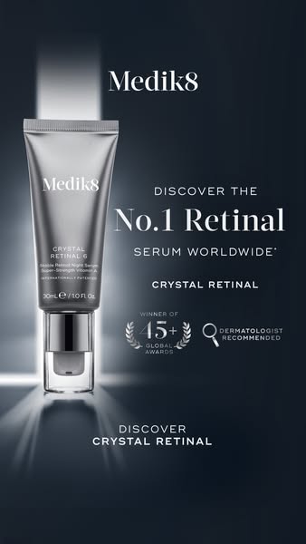 This image ad promotes Medik8's Crystal Retinal serum as the #1 Retinal Serum Worldwide. The focus is on the product