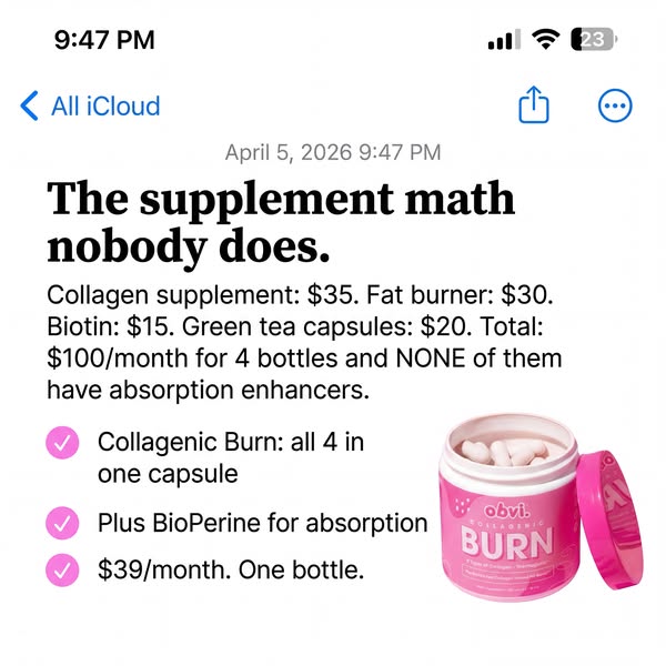 The ad is a screenshot of a phone screen showing text about the costs of different supplements, and comparing them to th