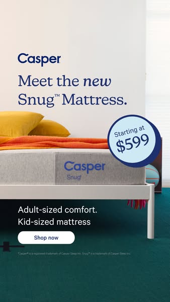 A visually-centered ad for Casper's Snug mattress, targeted at adults looking for a smaller sized mattress, likely f