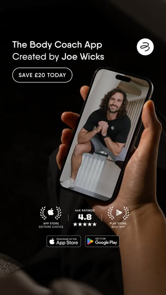 This ad promotes The Body Coach App created by Joe Wicks, highlighting a limited-time offer to save £20 today. It featur
