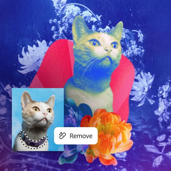 This ad showcases the remove background feature. It shows a cat photo with the background removed.